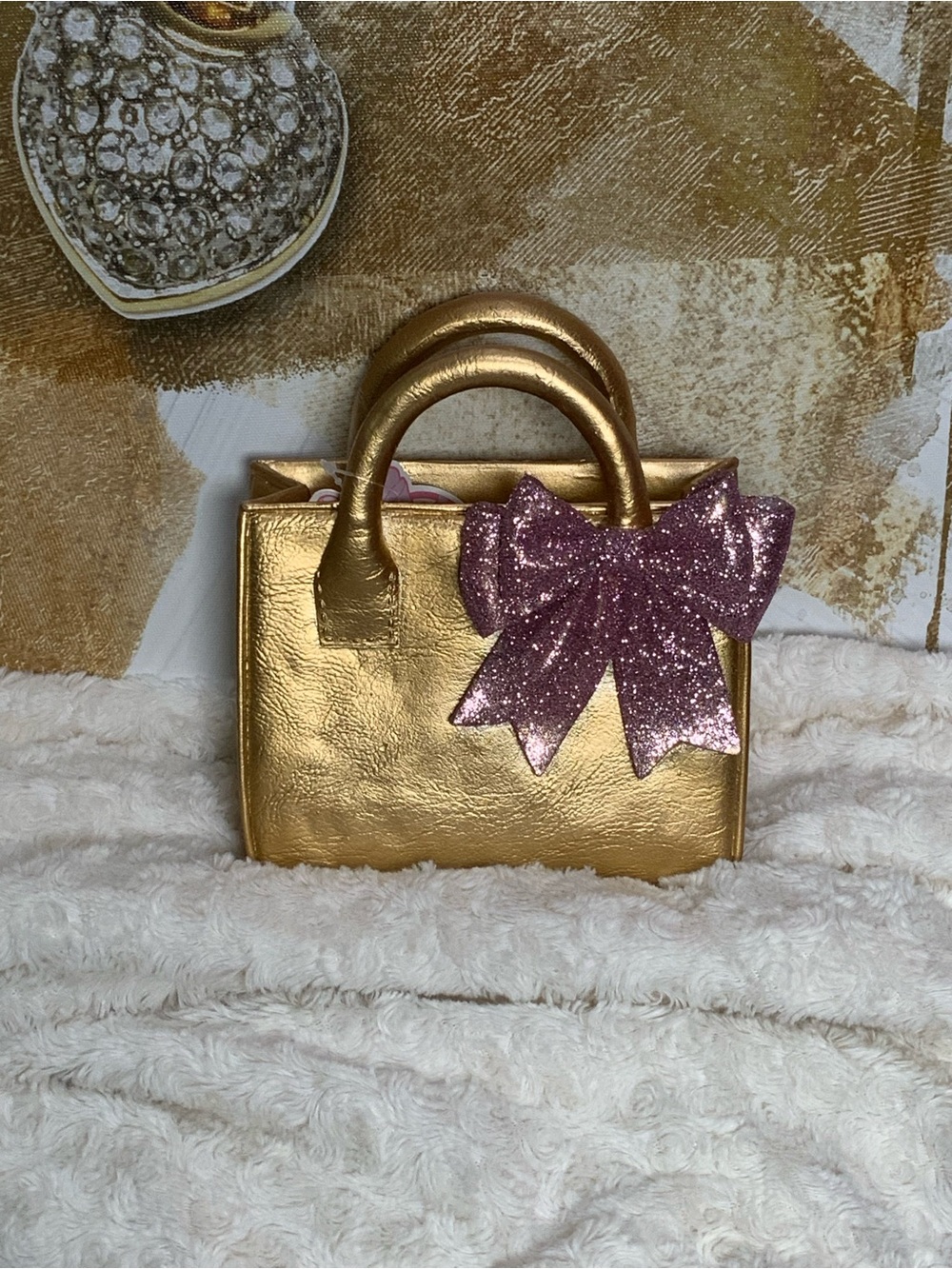 Gold Women's Handbag Vase with Pink Glitter Bow